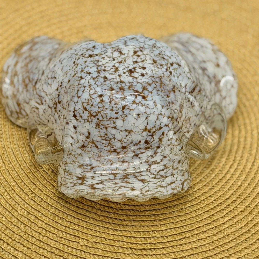 Vintage Hand Blown Art Glass Ruffled Bowl White Gold Fleck Splatter Murano Style